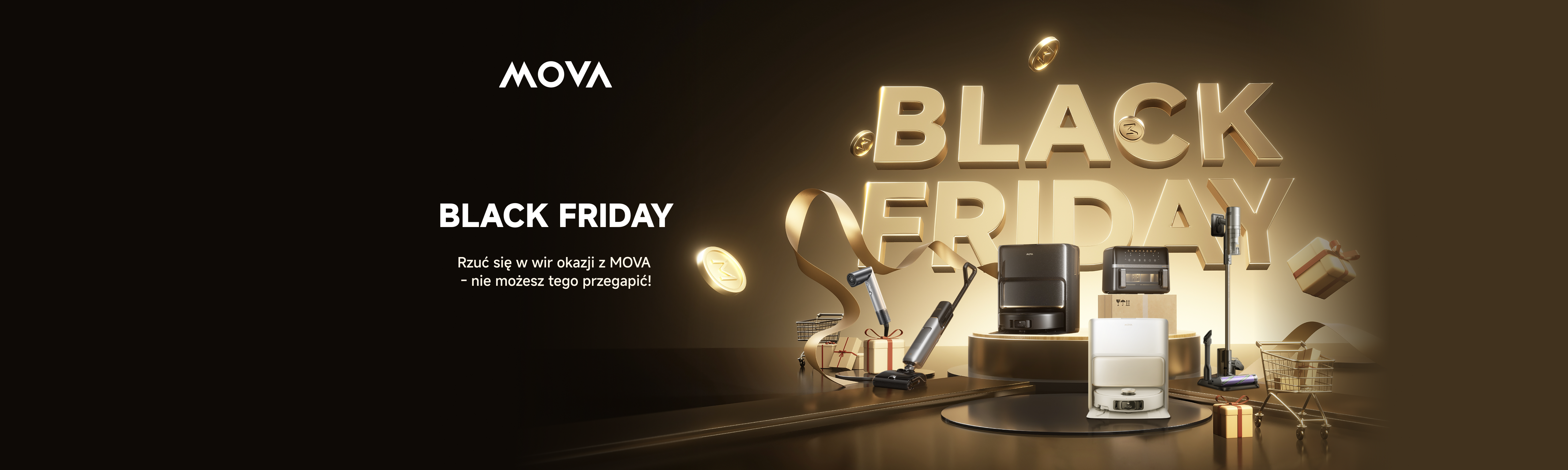 baner mova black friday z inteligentnymi urządzeniami do sprzątania, w tym robotem sprzątającym i odkurzaczem bezprzewodowym na złotym tle